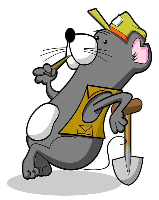 Graphic of a cartoon mouse with a green cap standing on two feed, with the left arm resting on a spate.